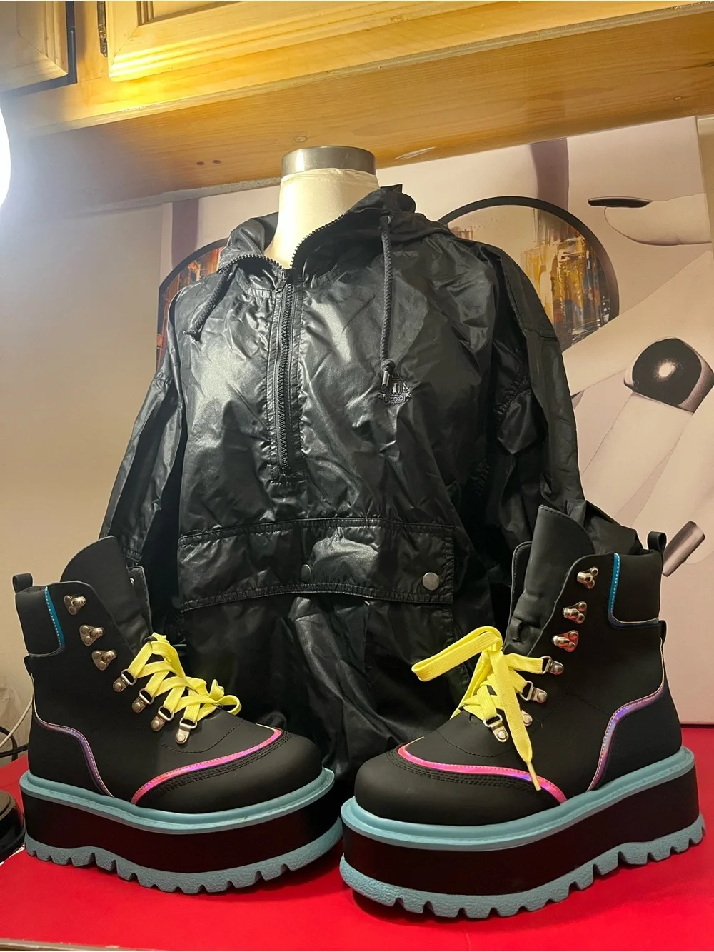Kids Black Platform Lace-Up Boots with Yellow Laces